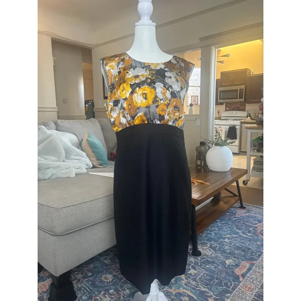 J.Crew Silk Wool Sheath Dress Size 8 Yellow Floral Print Black Skirt Sleeveless